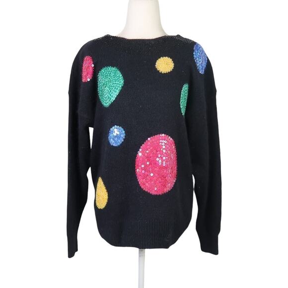 Vintage 90s IB Diffusion black angora knit sequin circle sweater L - Picture 1 of 5
